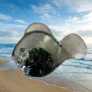 Glass Green Inside Color Blow Fish Murano Style Paperweight 4"L x 3"H